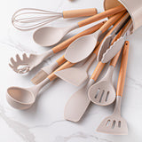 Set of 12 Silicone Kitchen Utensils with Wooden Handle - Storage Bucket - Non-Stick Pan & Kitchen Utensils - Cooking Spatula and Spoon Set - Top-Down View