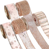6 Rolls - Sparkling Gold Silk - Suitable for Christmas Trees, Gift Bows, DIY Crafts, Wreaths & Home Decor - 1.5" Wide x 19" Long (Rose Gold)