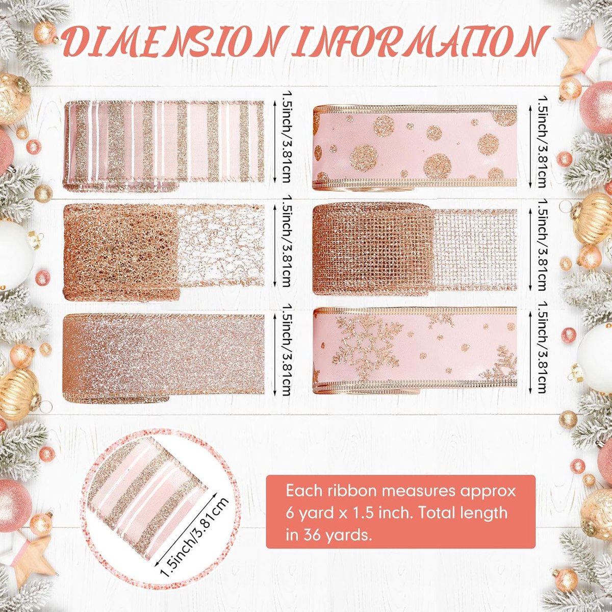 6 Rolls - Sparkling Gold Silk - Suitable for Christmas Trees, Gift Bows, DIY Crafts, Wreaths & Home Decor - 1.5" Wide x 19" Long (Rose Gold)