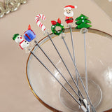 Creative Christmas Fruit Forks, Stainless Steel - Hand-Glazed Cartoon Fruit Picks with Double Prongs - Santa Claus - Christmas Tree - Fruit Fork Set (Set of 6) - Front View