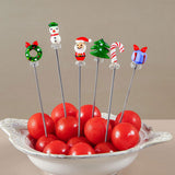 Creative Christmas Fruit Forks, Stainless Steel - Hand-Glazed Cartoon Fruit Picks with Double Prongs - Santa Claus - Christmas Tree - Fruit Fork Set (Set of 6) - 45-Degree Angle