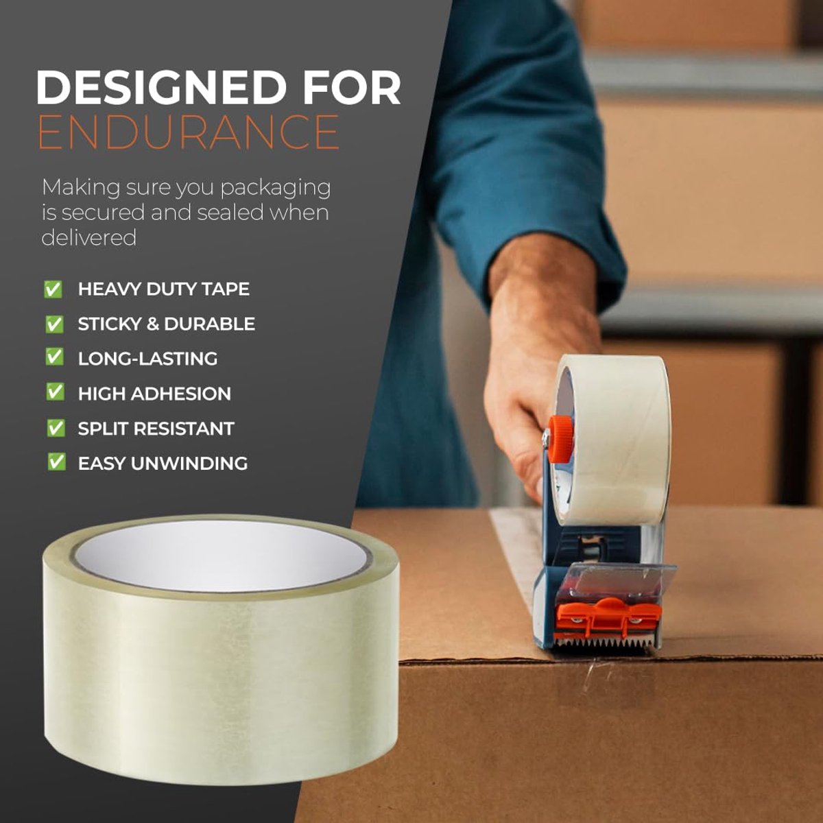 Transparent packaging tape on a roll - 48 mm x 66 m - Strong - Low noise - Strong, extra adhesive - For packing boxes - Parcel tape for shipping and long-term storage (transparent, 3 rolls)