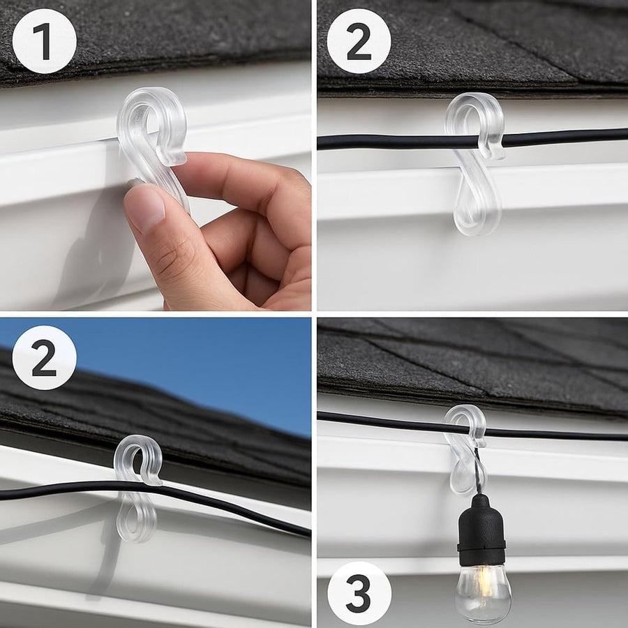 Hooks - Groove Hooks - 50 pieces - 3.5 cm - Transparent - Reusable plastic - Mini S-shaped design - Groove clips for outdoor lighting - Holds Christmas decorations securely