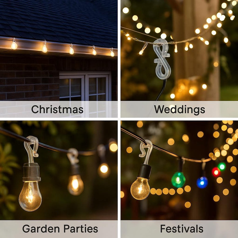 Hooks - Groove Hooks - 50 pieces - 3.5 cm - Transparent - Reusable plastic - Mini S-shaped design - Groove clips for outdoor lighting - Holds Christmas decorations securely