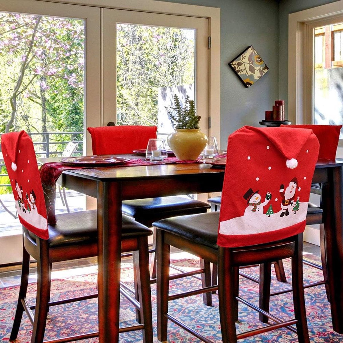 Chair Covers (4 Pieces) - Dining Chair Cover - Sofa Cover - Chair Covers - Christmas Chair Covers - Santa Claus and Snowman Red Hat Christmas Chair Back Cover Set - Perfect for Christmas Holiday Dining Table and Chair Decorations - Home Kitchen Party Deco