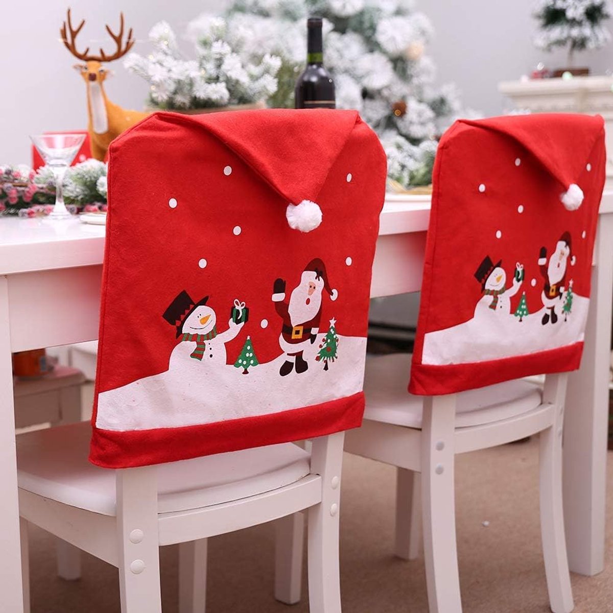 Chair Covers (4 Pieces) - Dining Chair Cover - Sofa Cover - Chair Covers - Christmas Chair Covers - Santa Claus and Snowman Red Hat Christmas Chair Back Cover Set - Perfect for Christmas Holiday Dining Table and Chair Decorations - Home Kitchen Party Deco