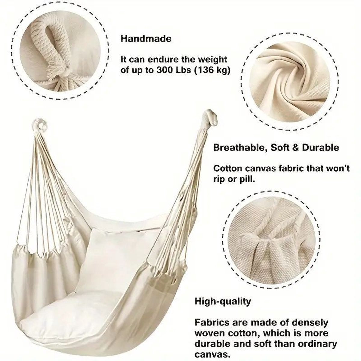 Hanging Chair - Portable Hammock - Comfortable Patio Chair - Suitable for Indoor and Outdoor Use - Maximum Load Capacity 100kg（White, without cushion）
