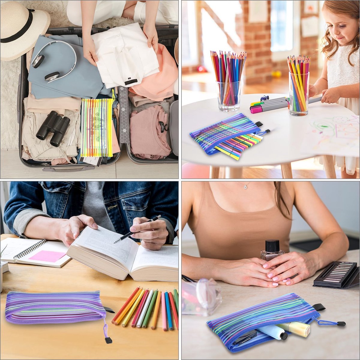 Storage Bags - Set of 6 - Pencil Case - 6 different colored mesh pockets with zipper - Nylon pencil case - 23x12 cm