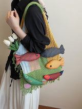 Shoulder Bag - Spacious Storage Bag - Versatile Knitted Bag - Tassel Shopping Bag - Perfect for Day Trips and Shopping - White - Rear View