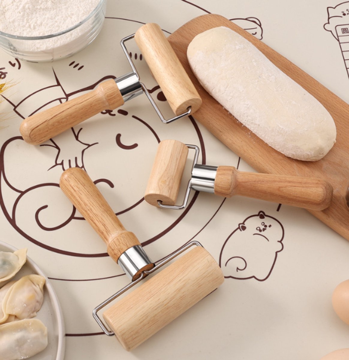 Dough Rolling Machine - Double-Sided Wooden Dough Rolling Machine - Three-Piece Set - Hand Baking Utensils - Smooth Non-Stick Coating - Suitable for Baking Dough, Fudge, Pizza, Cookies, Bread