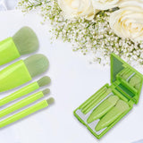 Makeup Brush Set - 5-Pack - Portable - Travel Makeup Brush Set with Mirror Case - Professional Foundation Brush, Eyeshadow Brush, and Blending Brush for Women - Green