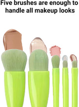 Makeup Brush Set - 5-Pack - Portable - Travel Makeup Brush Set with Mirror Case - Professional Foundation Brush, Eyeshadow Brush, and Blending Brush for Women - Green - Top-Down View
