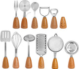 Kitchen Utensil Set - 12 Piece - Includes a peeler, egg separator, spoon, fork, pizza cutter, bottle opener, spatula, slotted spoon, grater, soup ladle, whisk and toothpick holder - The perfect gift for a housewife.