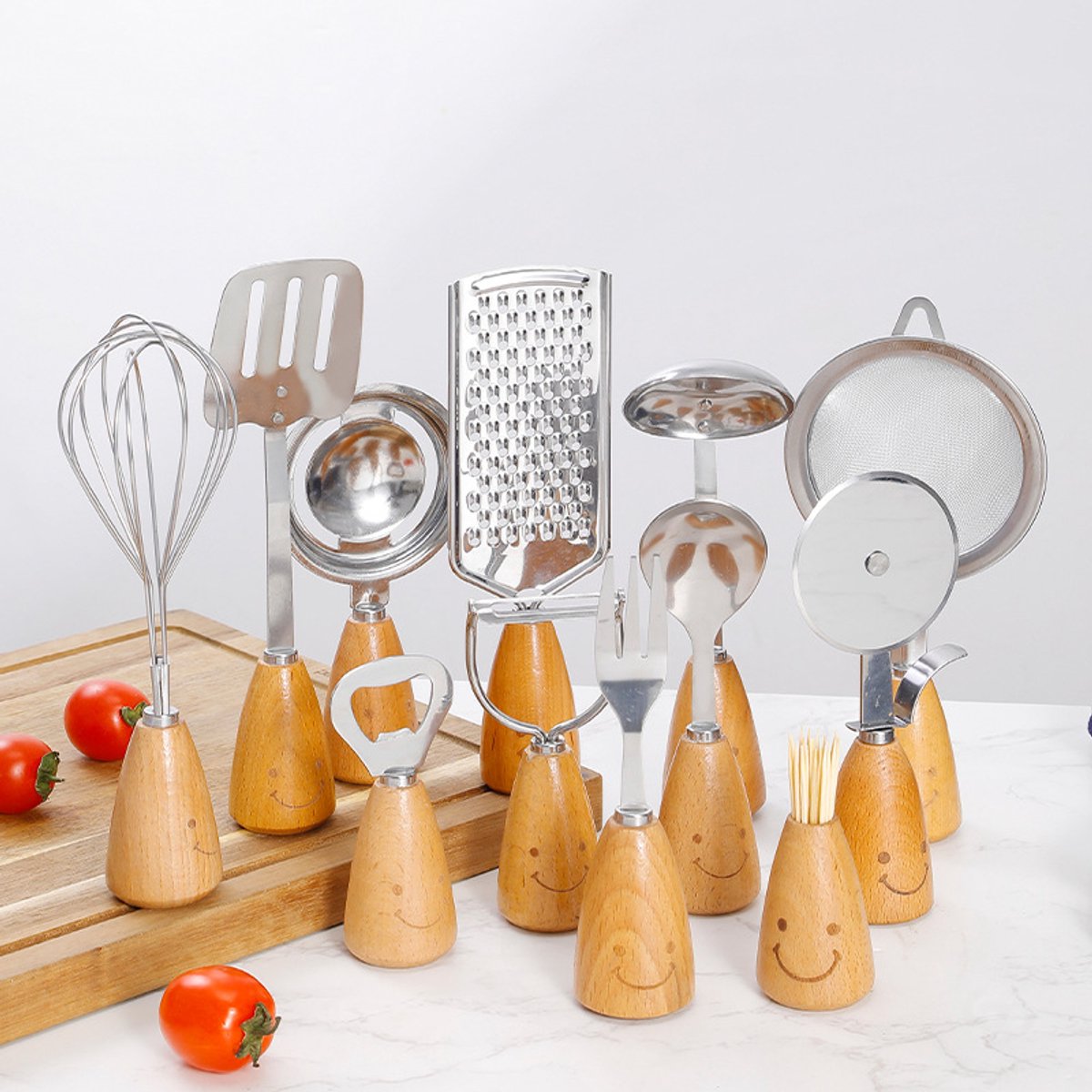 Kitchen Utensil Set - 12 Piece - Includes a peeler, egg separator, spoon, fork, pizza cutter, bottle opener, spatula, slotted spoon, grater, soup ladle, whisk and toothpick holder - The perfect gift for a housewife.