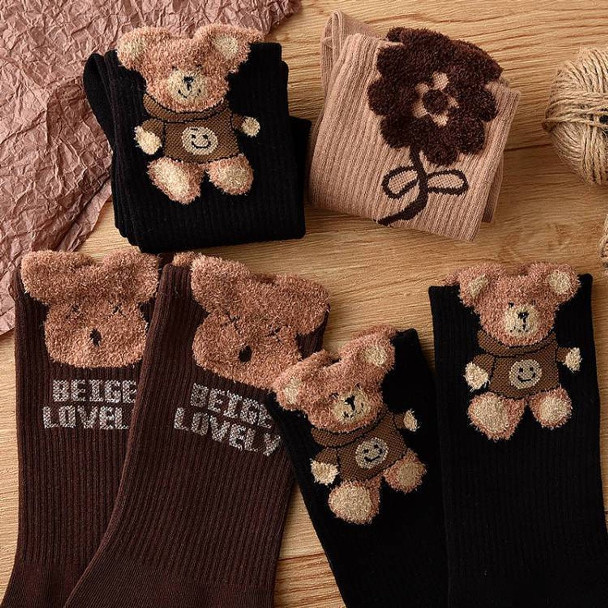 Socks 3-pack - House socks - fluffy socks - Casual socks - Indoor & Outdoor Wearable - Soft & Warm - socks men - socks women - Unisex Women - Size 36 to 42 - Black Bear