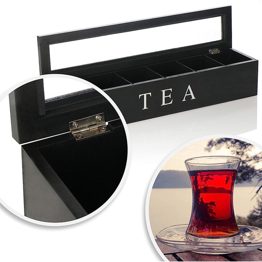 Tea Box - Tea Box 6 Compartments - Wooden Tea Box - Suitable for Loose Tea - 43 × 9 × 8.7 cm - Black