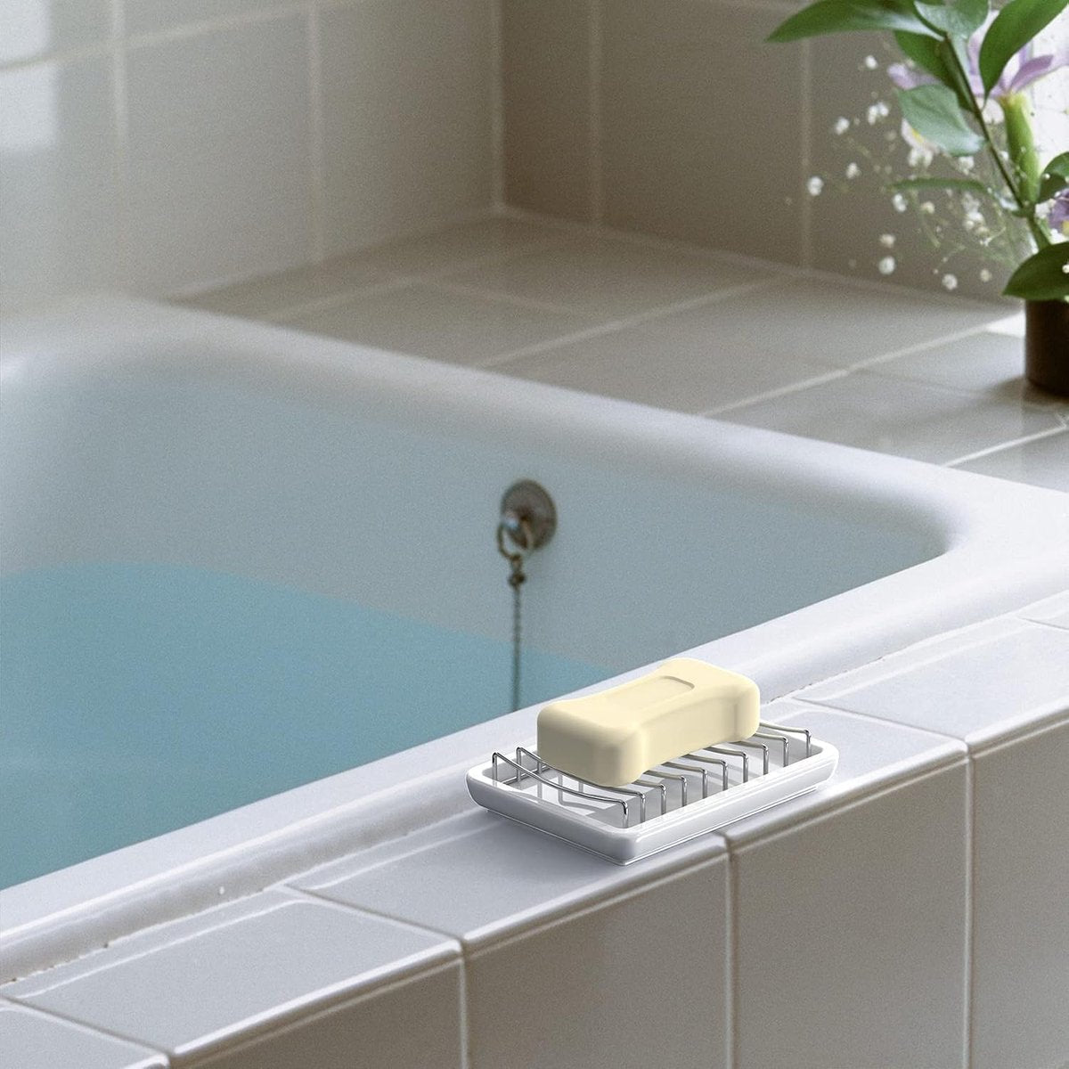 Soap Dish - Soap Holder - Double-Layer Ceramic Soap Dish - Bathroom Soap Dish Made of 304 Stainless Steel - Self-Draining Soap Holder - Suitable for Bathrooms, Kitchens and Travel.