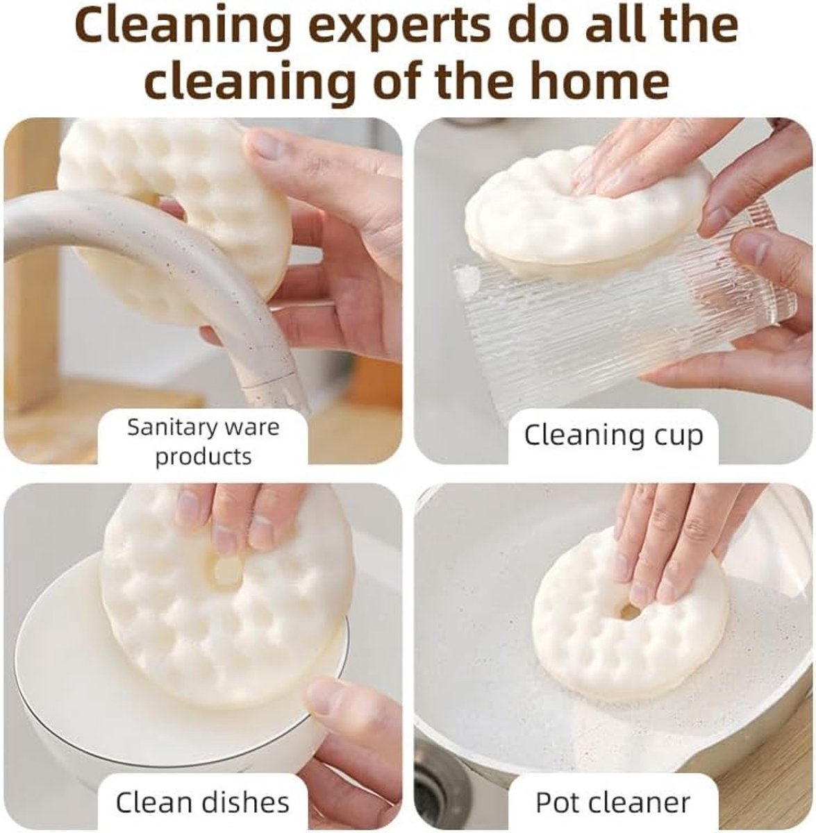 Double-Sided Dishwashing Brush - Sponge Brush with Suction Cup - 1 Base + 2 Refillable Sponges - Scratch-Free Kitchen Brush - Beige