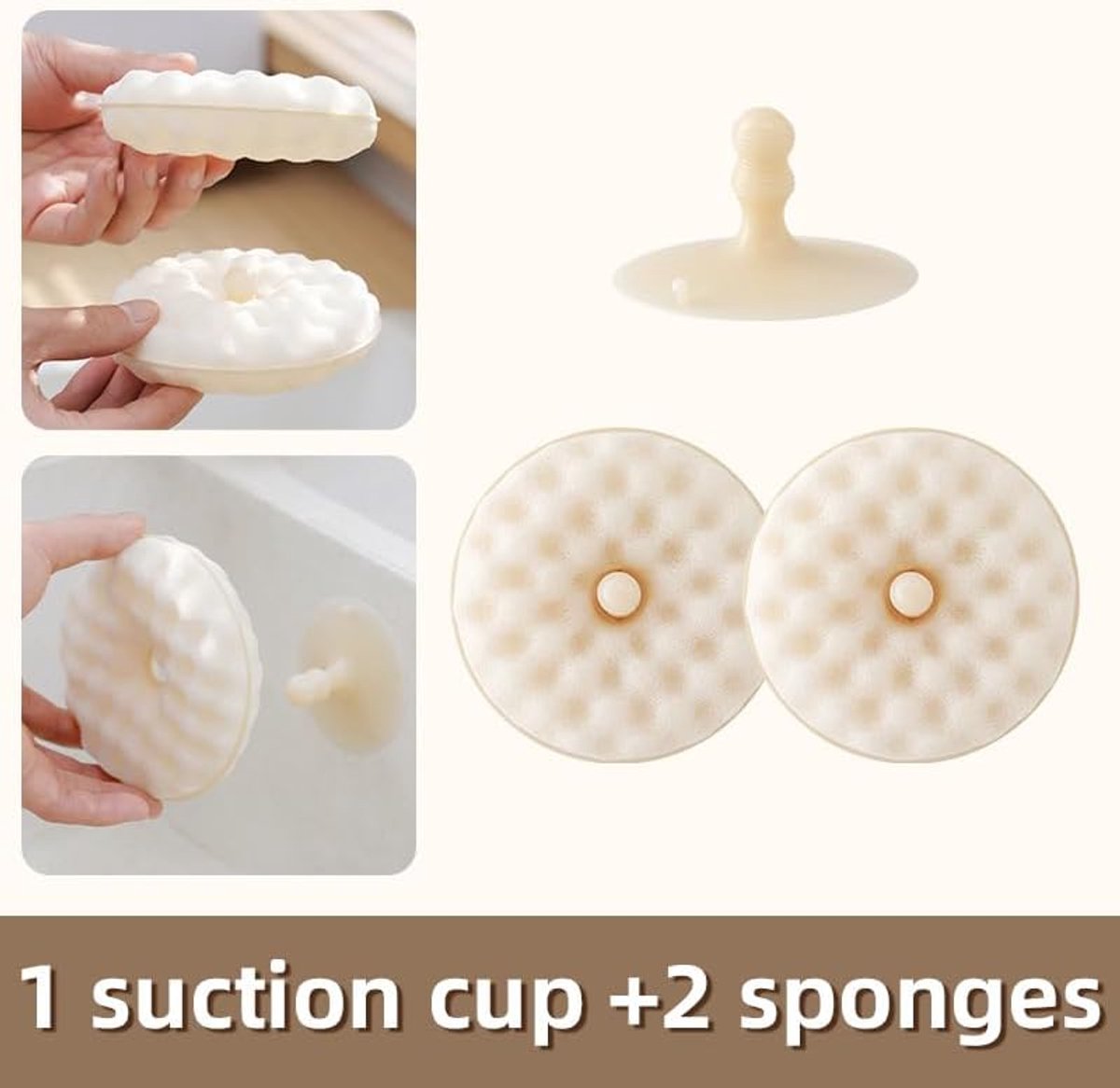 Double-Sided Dishwashing Brush - Sponge Brush with Suction Cup - 1 Base + 2 Refillable Sponges - Scratch-Free Kitchen Brush - Beige
