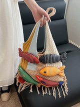 Shoulder Bag - Spacious Storage Bag - Versatile Knitted Bag - Tassel Shopping Bag - Perfect for Day Trips and Shopping - Red - Top-Down View