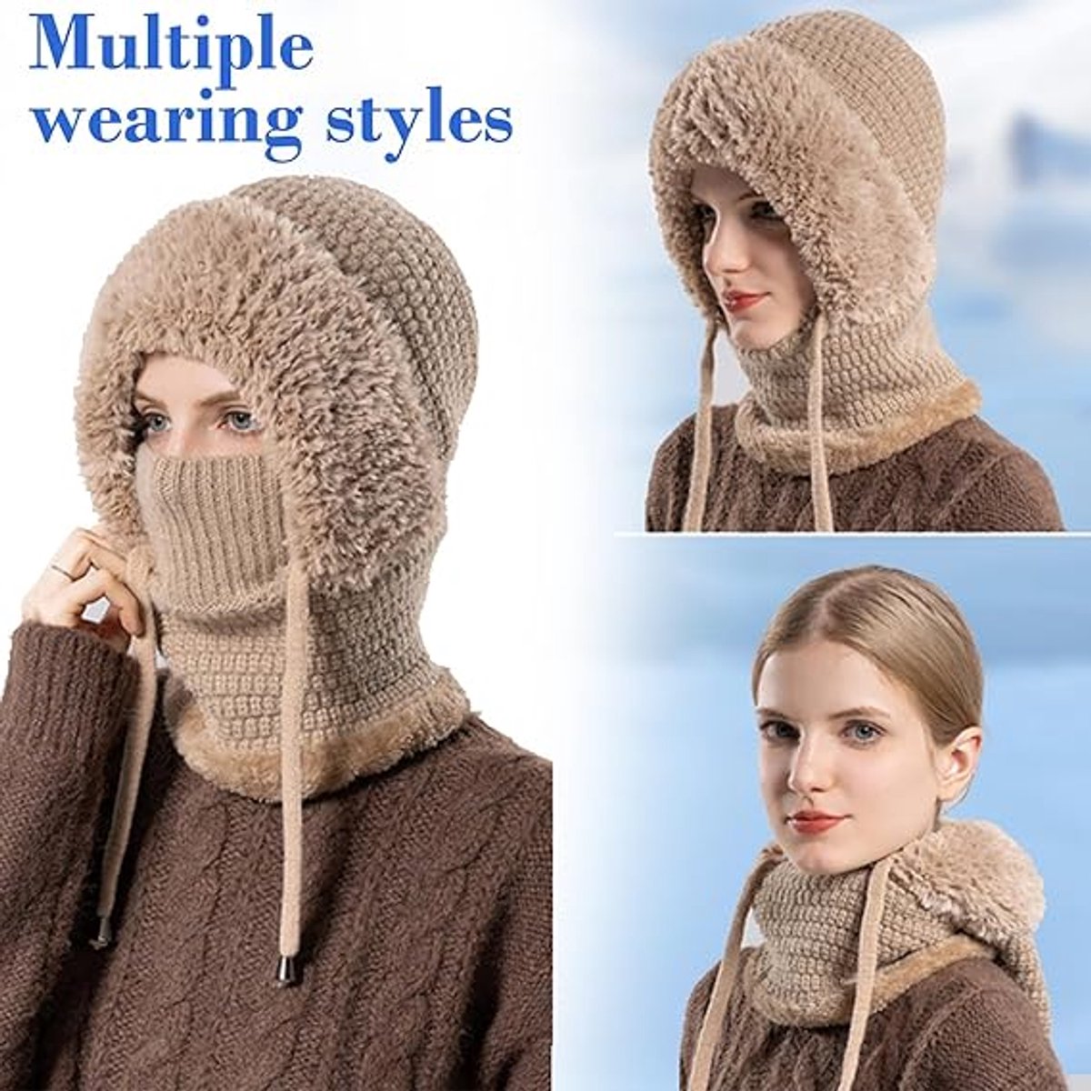 3-in-1 Insulated Hat, Scarf & Face Mask - Ski Face Mask - Warm Knitted Windproof Headband/Scarf for Fall/Winter - Suitable for Skiing, Hiking and Other Outdoor Sports - Khaki