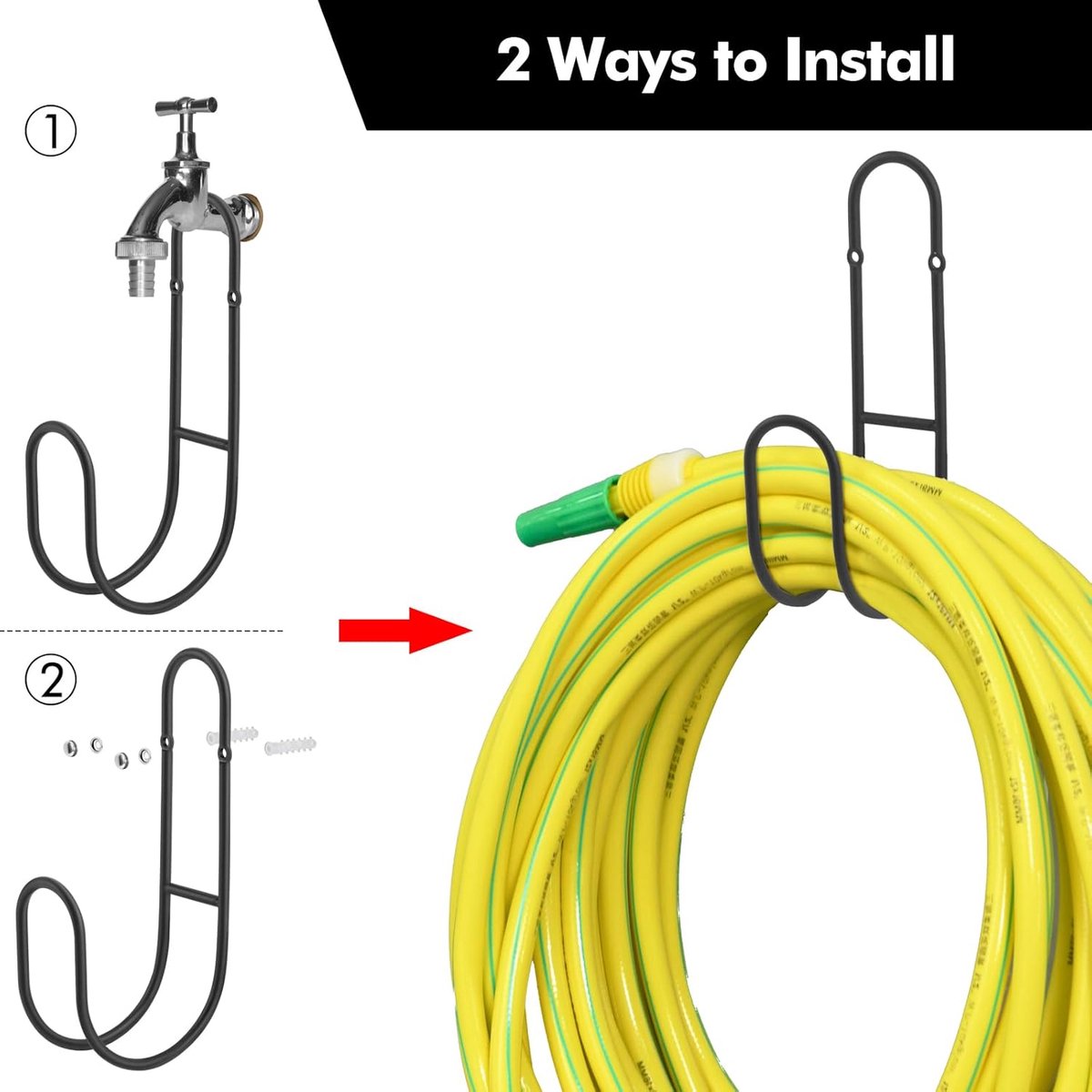 Garden Hose Hanging System - Wall Mount for Neat Storage - Stainless Steel Frame - Black