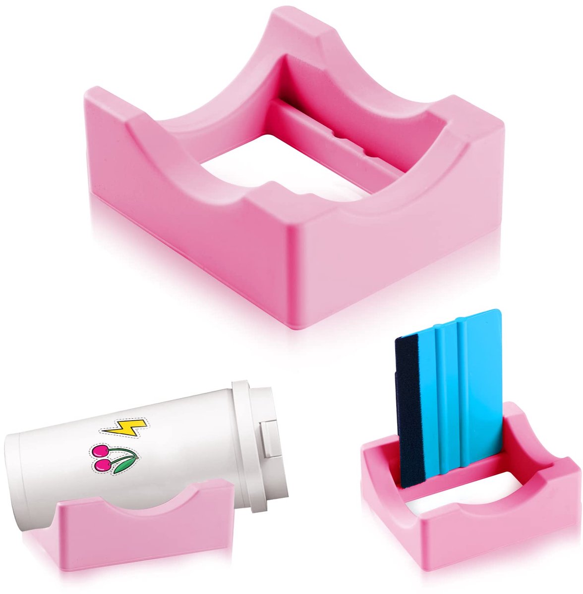 Vinyl Sticker Applicator for Cups - Silicone Cup Holder with Felt Edge Scraper - Silicone Cup Holder - Insulated Mug Holder - Non-Slip Glass Cup Holder - One-Handed Sticking for Mugs & Bottles - DIY Accessory - Pink