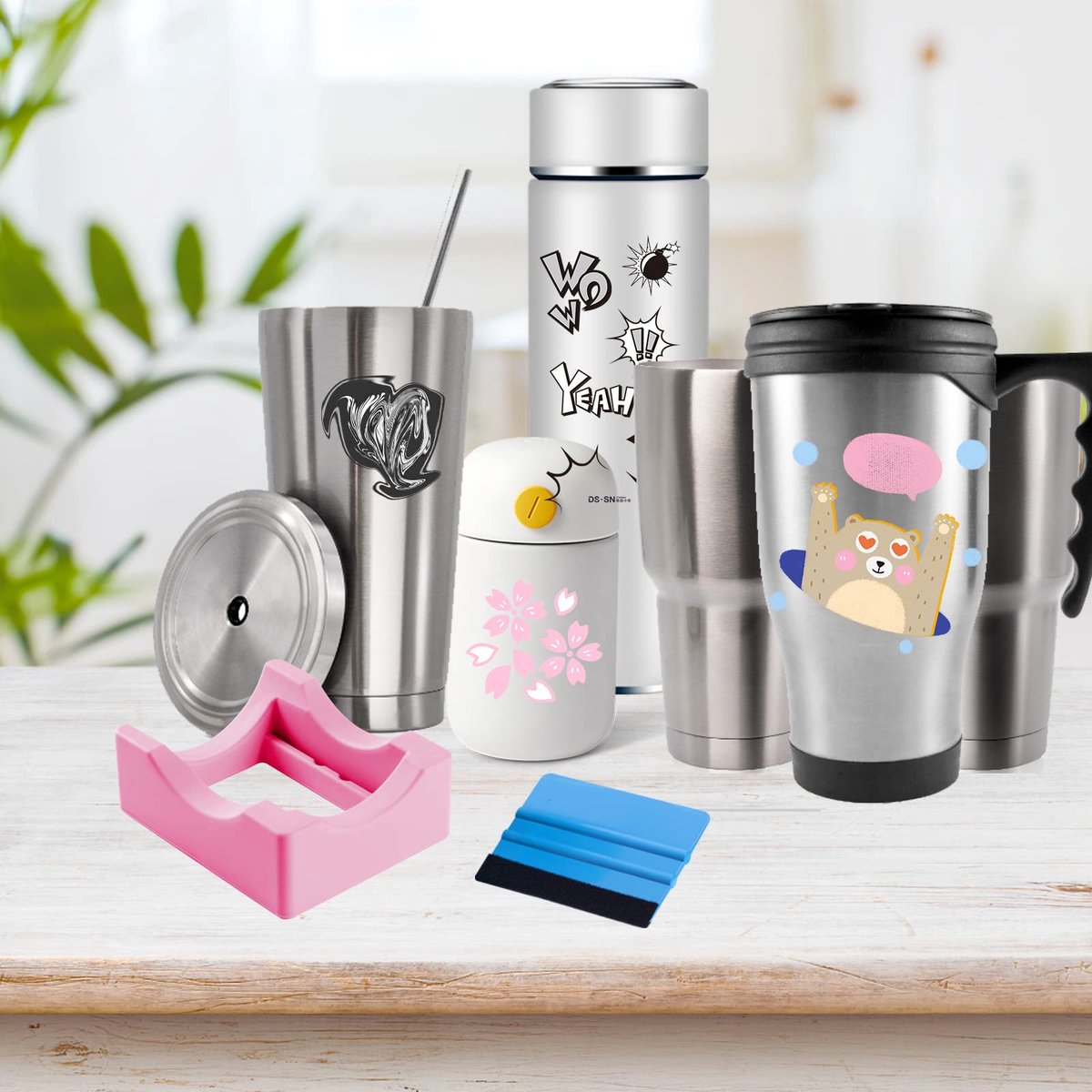 Vinyl Sticker Applicator for Cups - Silicone Cup Holder with Felt Edge Scraper - Silicone Cup Holder - Insulated Mug Holder - Non-Slip Glass Cup Holder - One-Handed Sticking for Mugs & Bottles - DIY Accessory - Pink