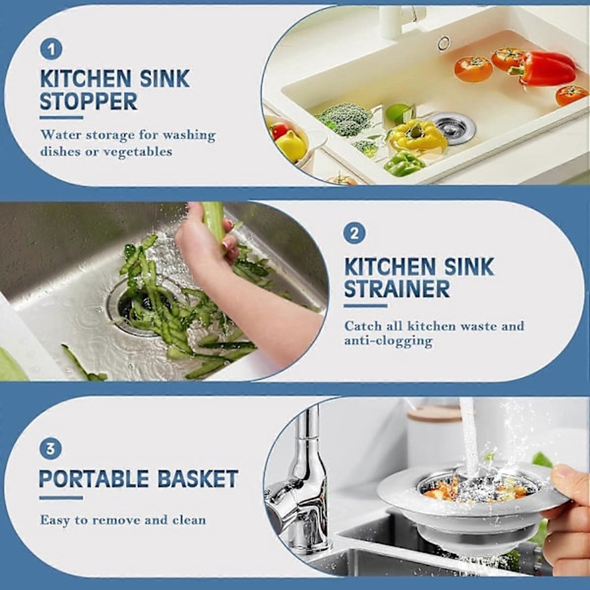 Sink Drain Strainer - 3-in-1 - Stainless Steel - Collapsible Sink Stopper - Strainer - Silver