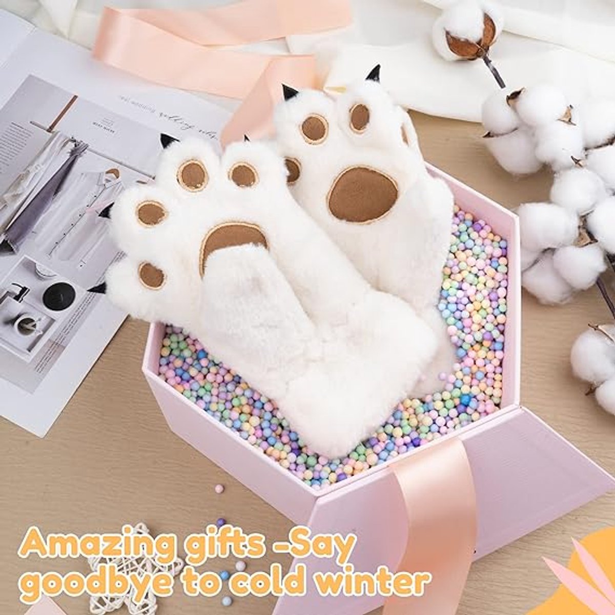 Gloves - 1 pair - Winter gloves - Cartoon gloves - Neckband - Children's gloves - Warm gloves - Plush gloves - One size（White）