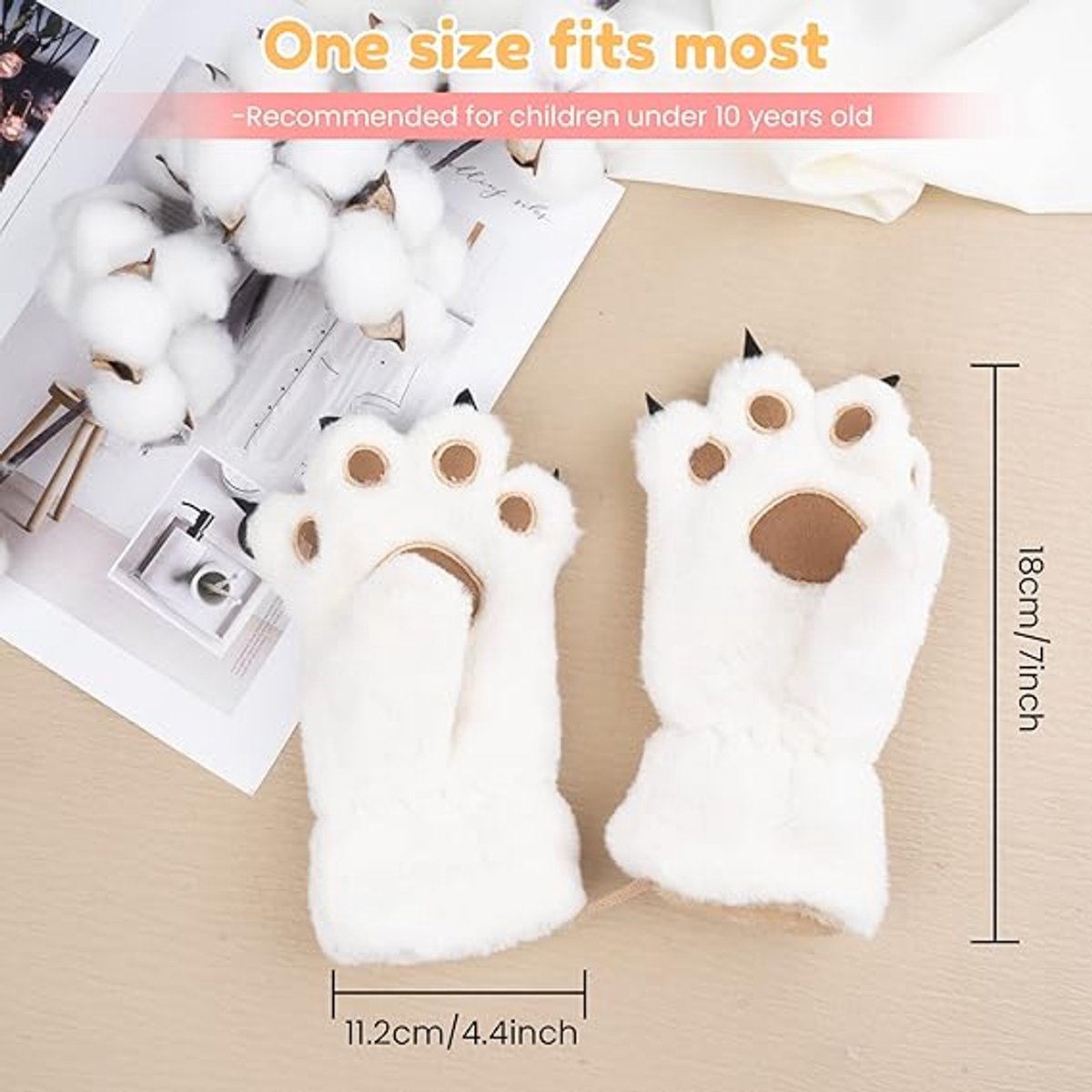Gloves - 1 pair - Winter gloves - Cartoon gloves - Neckband - Children's gloves - Warm gloves - Plush gloves - One size（White）