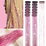 Hair Tinsels - Festival Glitter Hair Extensions - Glittery Hair Extensions - 12-Piece Clip-On Hair Accessory Set - 52cm, for Christmas and New Year, Glittery Hair Extensions, Suitable for Women, Girls and Children (Pink)