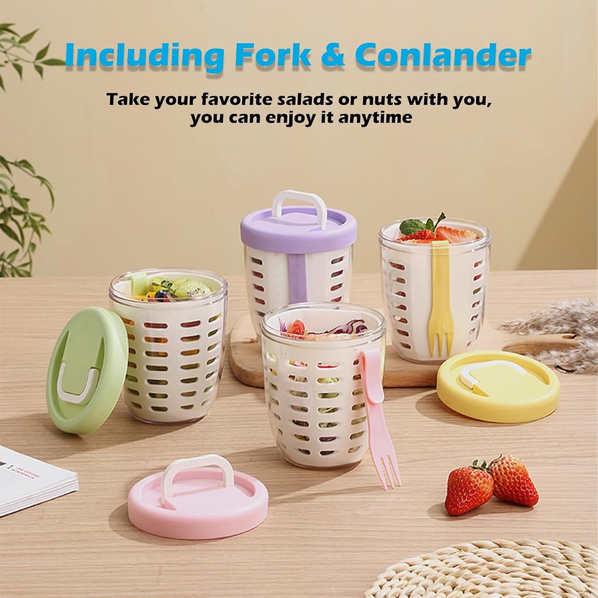 Fruit Bowl - Salad Bowl - Leakproof reusable food container with lid and draining basket - Suitable for work, school, and travel. - 650 ml (Vegetable)