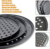 Pizza Baking Pan Set - Pizza Stone Set - Pizza Platter | Pizza Baking Tray | Pizza Plate - Carbon Steel - With Ventilation Holes - Oven-Safe - Home | Kitchen | Dining Room (26cm & 28cm & 32cm) - Front View