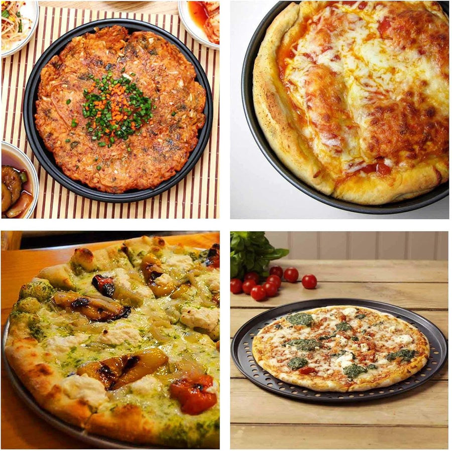 Pizza Baking Pan Set - Pizza Stone Set - Pizza Platter | Pizza Baking Tray | Pizza Plate - Carbon Steel - With Ventilation Holes - Oven-Safe - Home | Kitchen | Dining Room (26cm & 28cm & 32cm)