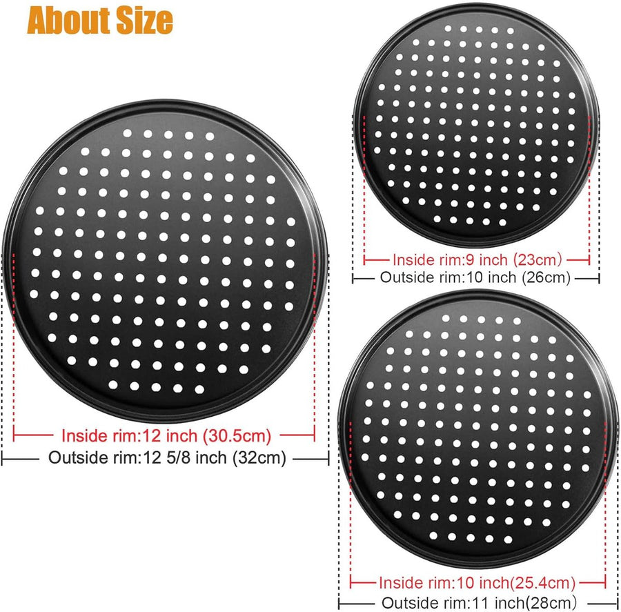 Pizza Baking Pan Set - Pizza Stone Set - Pizza Platter | Pizza Baking Tray | Pizza Plate - Carbon Steel - With Ventilation Holes - Oven-Safe - Home | Kitchen | Dining Room (26cm & 28cm & 32cm)