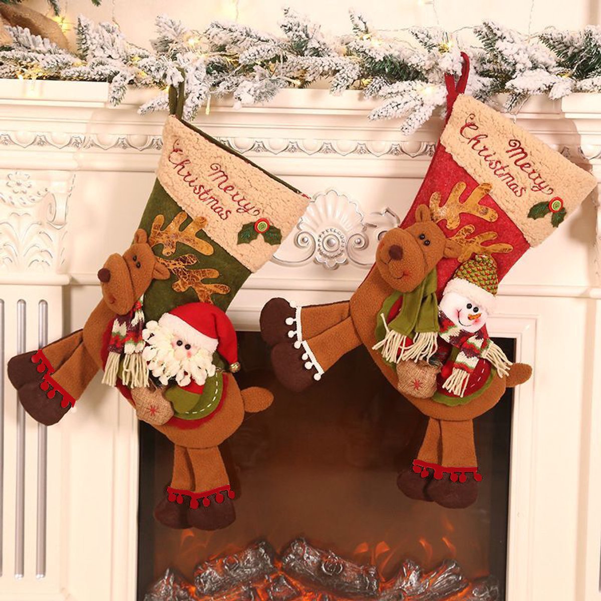 Gift Bags - 23 Inch Christmas Stockings - Santa and Reindeer Pattern - Extra Soft Plush Cuff - Classic Christmas Stocking Decoration - Perfect for Family Holiday Decor（B）