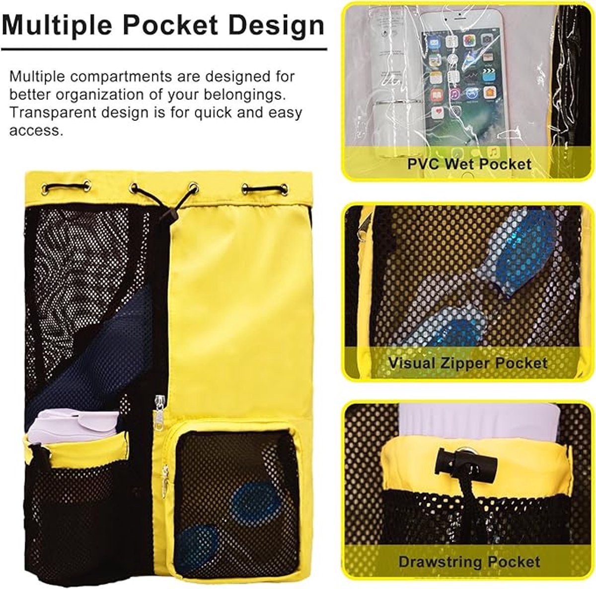 Backpack - Sports Bag - Travel Bag - Training Bag - Swimming Bag - 30*15*45cm - Mesh Material - Drawstring Design - Side Storage Space - Unisex - Suitable for Fitness, Swimming, Travel, Dancing, Camping（Yellow）