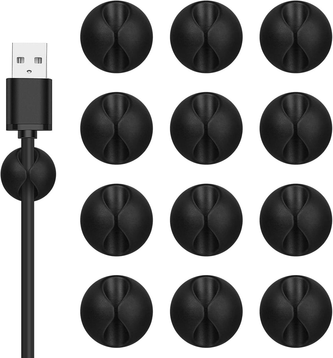 Pack of 12 Cable Clips - Black, Self-Adhesive Cable Organizer - Charger Holder - Cable Organizer - Suitable for bedside tables, desks, offices and for storing mice.
