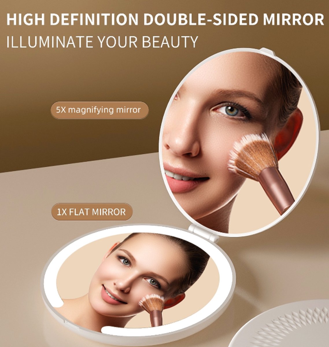 Make up mirror - Mini mirror with light - 1x/5x magnification - 10 cm - Rechargeable - Suitable for wallets, pockets, travel and as a gift (Khaki)