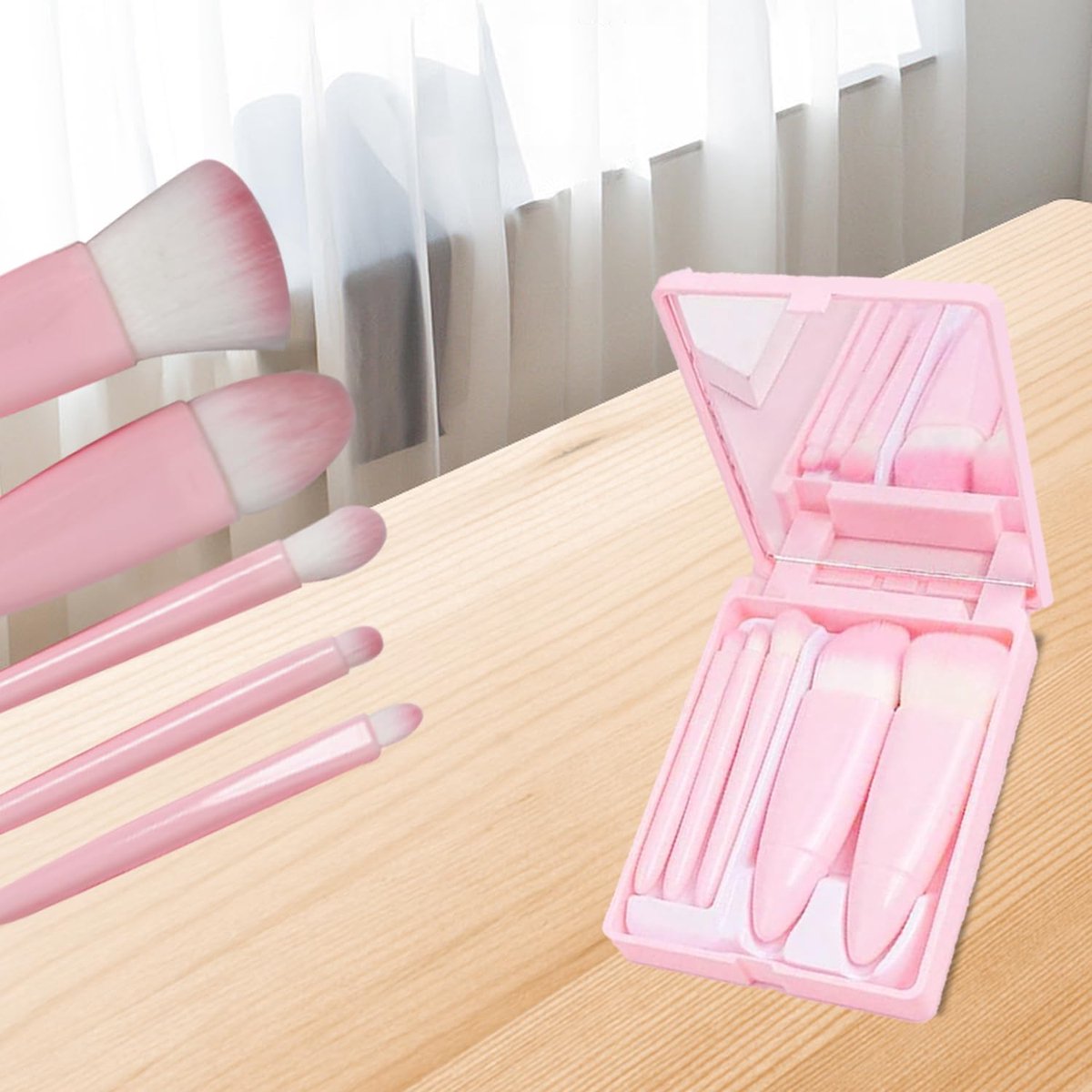 Makeup Brush Set - 5-Pack - Portable - Travel Makeup Brush Set with Mirror Case - Professional Foundation Brush, Eyeshadow Brush, and Blending Brush for Women - Barbie Pink