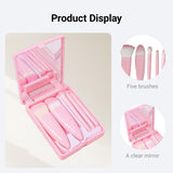 Makeup Brush Set - 5-Pack - Portable - Travel Makeup Brush Set with Mirror Case - Professional Foundation Brush, Eyeshadow Brush, and Blending Brush for Women - Barbie Pink - 45-Degree Angle