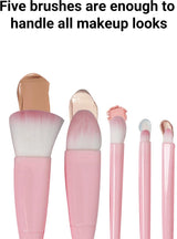 Makeup Brush Set - 5-Pack - Portable - Travel Makeup Brush Set with Mirror Case - Professional Foundation Brush, Eyeshadow Brush, and Blending Brush for Women - Barbie Pink - Rear View
