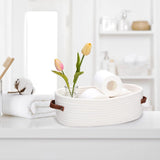 Storage Baskets - Bathroom Storage Baskets - Bathroom Countertop Storage Baskets - Bathroom Baskets Made of Braided Cotton Rope - Toilet Paper Baskets with Leather Handles - Suitable for Bathrooms, Bedrooms, and Living Rooms - 45-Degree Angle