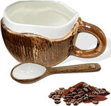 Drinking Cup - With spoon - Ceramic mug - Shape of coconut - Capacity 10oz - Suitable for tea, oatmeal, hot chocolate, etc. - Nice gift mug for home and office