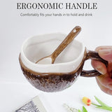 Drinking Cup - With spoon - Ceramic mug - Shape of coconut - Capacity 10oz - Suitable for tea, oatmeal, hot chocolate, etc. - Nice gift mug for home and office - Top-Down View