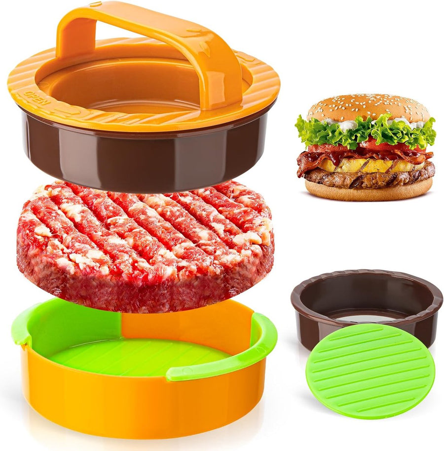3-in-1 Hamburger and Hamburger Press - Hamburger Mold - Non-stick, durable patty maker for stuffed burgers and sliders - Easy to clean - Orange