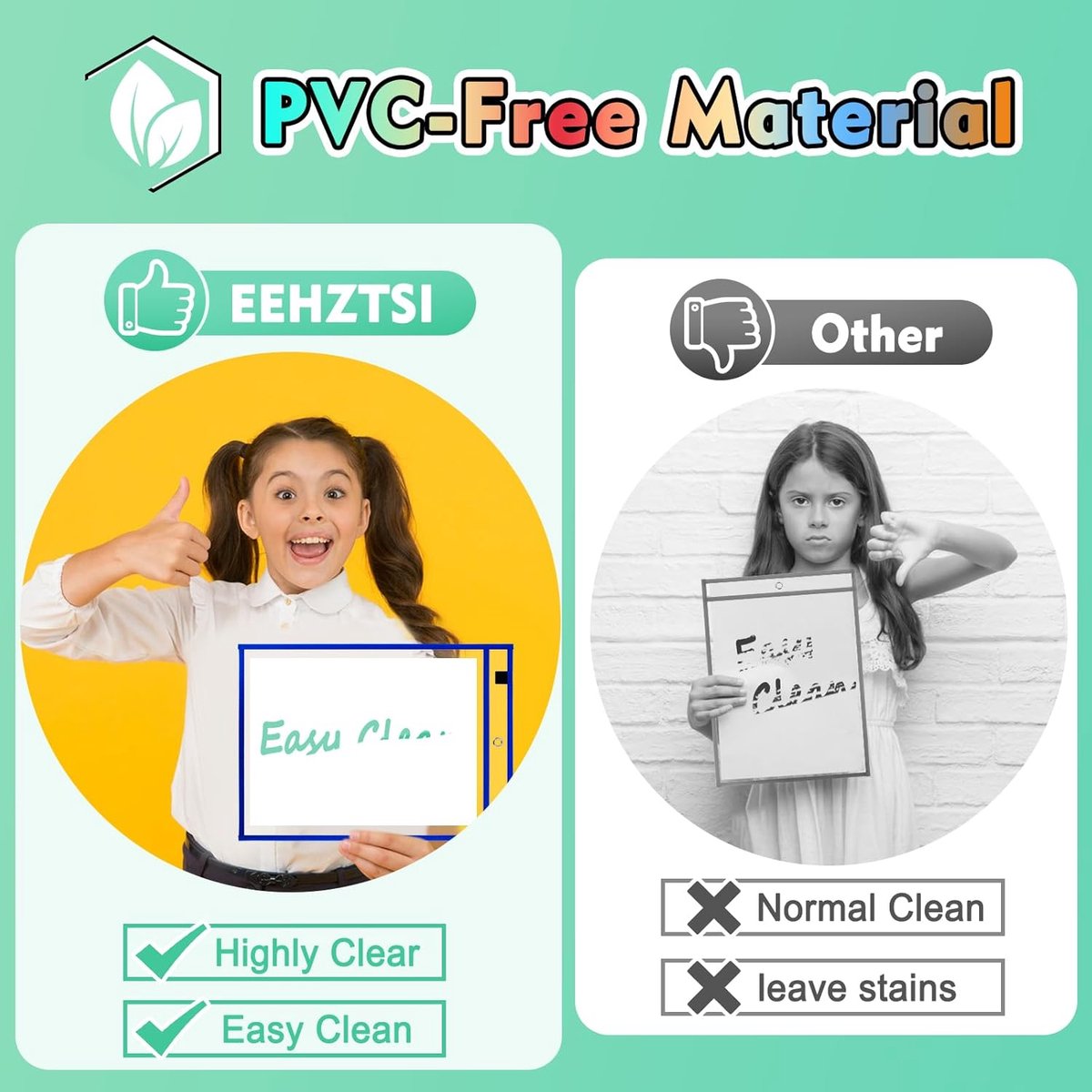 Erasable and Writable Folders - Pack of 30 | Includes 30 water-based whiteboard markers and 1 eraser - Transparent plastic folders/protective sleeves - Drawing and tracing bags for young children - Erasable and writable - Random colors
