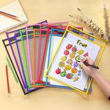 Erasable and Writable Folders - Pack of 30 | Includes 30 water-based whiteboard markers and 1 eraser - Transparent plastic folders/protective sleeves - Drawing and tracing bags for young children - Erasable and writable - Random colors - Close-Up Angle