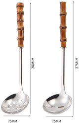 Spoons - 2-Piece Set - Stainless Steel Soup Spoon with Bamboo Handle - Long Handle Soup Spoon - Soup Spoon - Strainer - Strainer Set - Durable and Comfortable Kitchen Utensils - Low Angle